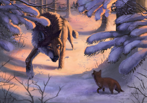 Обои на рабочий стол Волк и волчонок в зимнем лесу, by wolf-minori