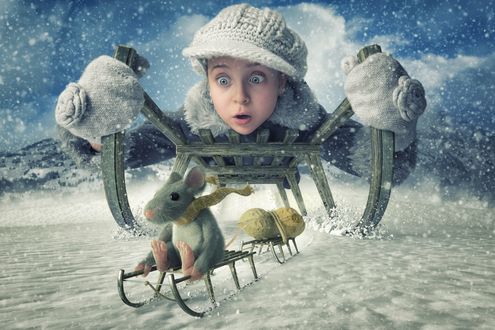 Обои на рабочий стол Девочка мчится на санках и с удивлением смотрит на мышку, которая тоже едет на санках, фотограф John Wilhelm