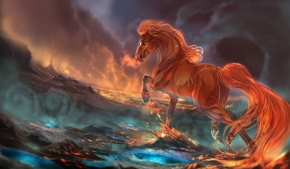 Обои для рабочего стола Огненный конь бежит по извергающейся лаве, by Fantastik At