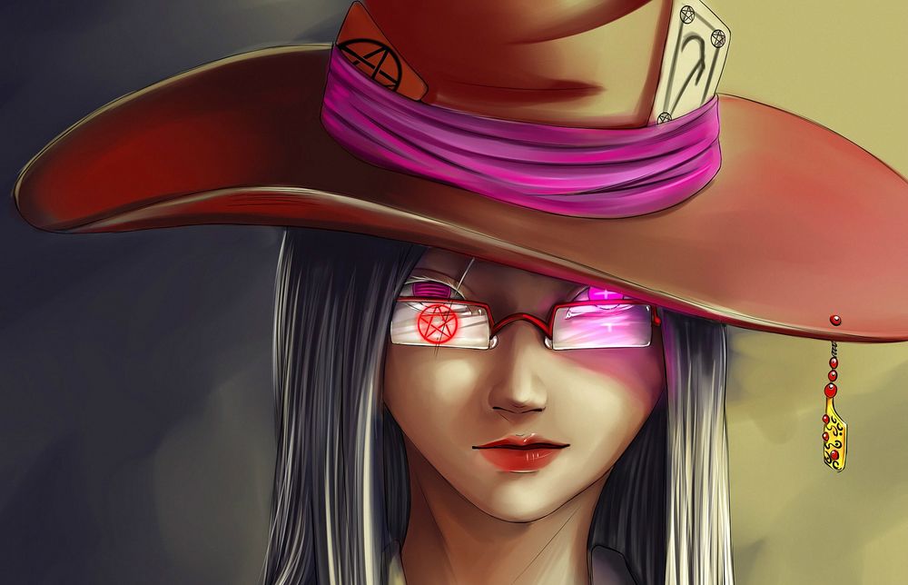 Обои для рабочего стола Девушка колдунья с горящими красными глазами, в шляпе с картами, в очках с пентаграммой