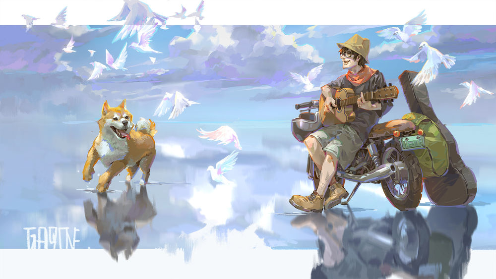 Обои для рабочего стола Парень с гитарой стоит у мотоцикла и поодаль от него рыжий пес, by Shengyi Sun