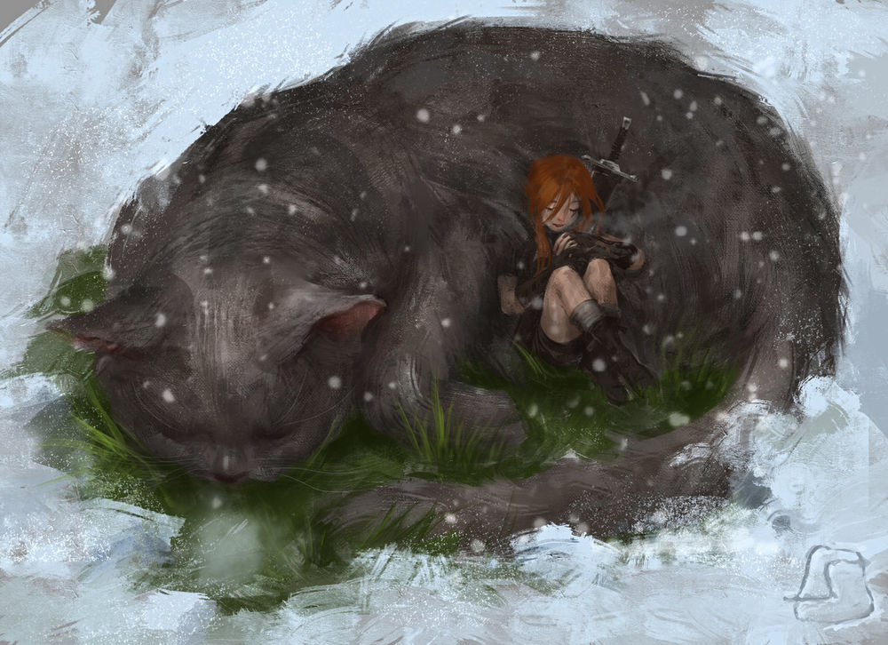 Обои для рабочего стола Девочка сидит у свернувшегося кота на снегу, by sagasketchbook