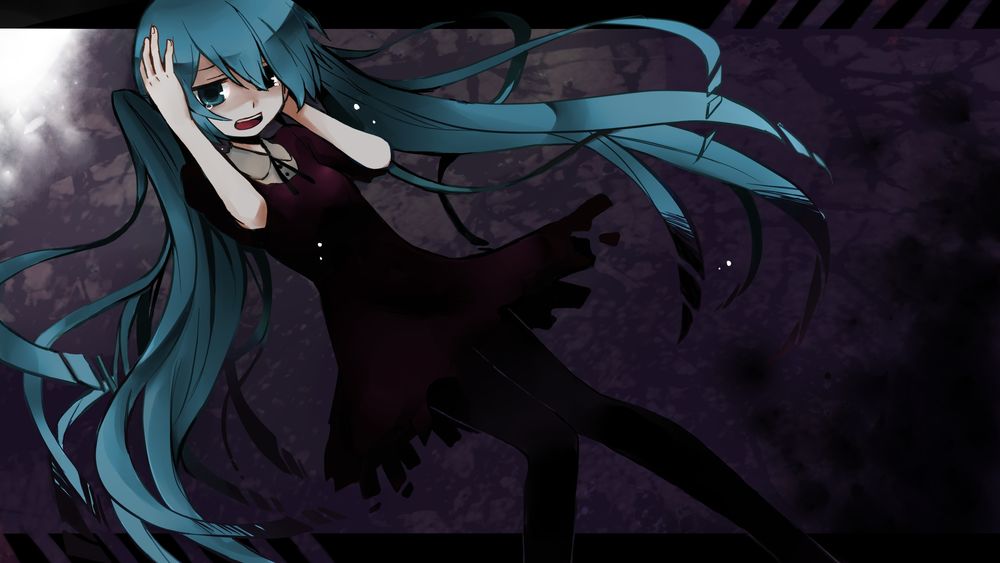 Обои для рабочего стола Испуганная Vocaloid Hatsune Miku / Вокалоид Хатсуне Мику в черном платье держится руками за голову