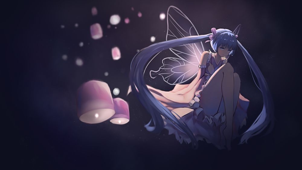 Обои для рабочего стола Грустная Vocaloid Hatsune Miku / Вокалоид Хатсунэ Мику с крылышками сидит в темноте с летаящими фонариками, by Barl