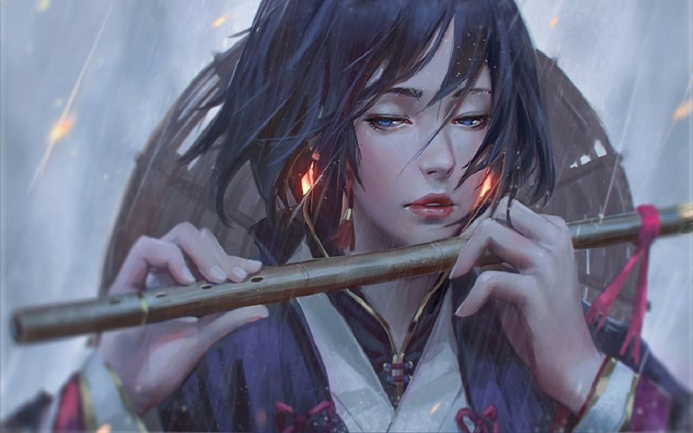 Обои для рабочего стола Девушка держит в руках флейту, by GUWEIZ