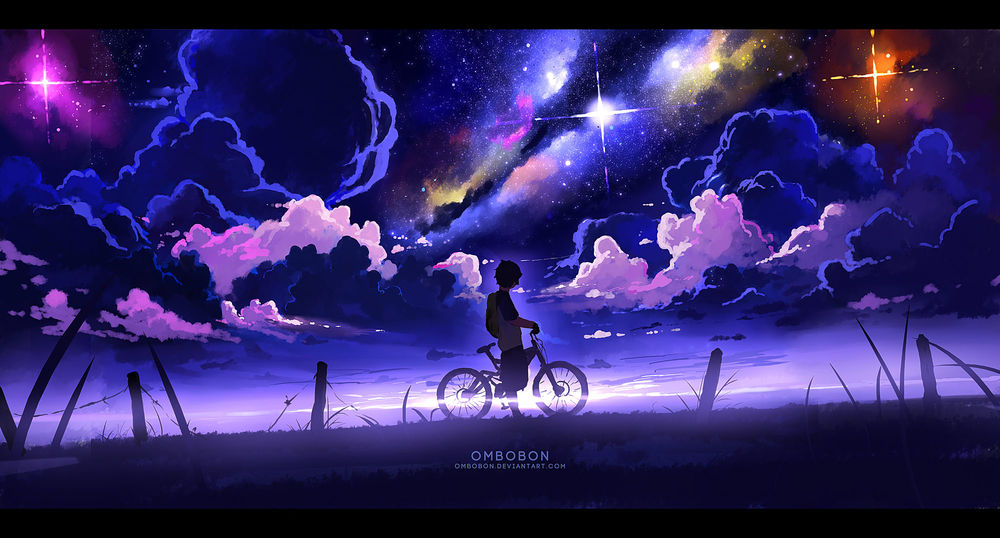 Обои для рабочего стола Парень с велосипедом смотрит на облачное звездное небо, by ombobon