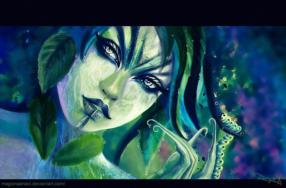 Обои для рабочего стола Сильвари / Sylvari -загадочная молодая, любознательная девушка из расы ботанических гуманоидов, рожденных Бледным древом / Pale Tree в Древесной бухте / Arbor Bay, компьютерная игра Guild Wars 2, by magicnaanavi