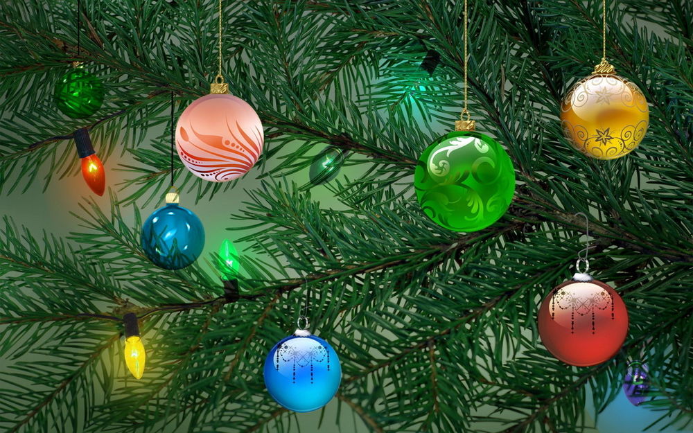 Обои для рабочего стола Новогодняя елка, украшенная шариками и гирляндой.(Картинка из детства- когда лежишь под елкой и смотришь как мигают огоньки.)