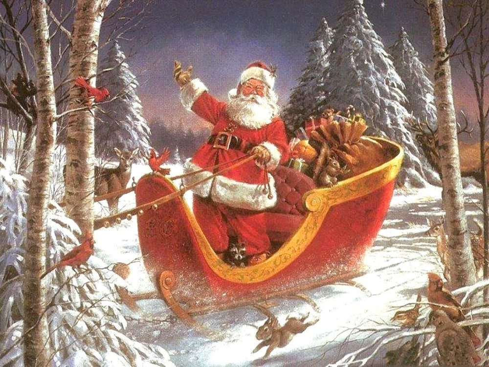 Обои для рабочего стола Санта Клаус едет на санях по зимнему лесу