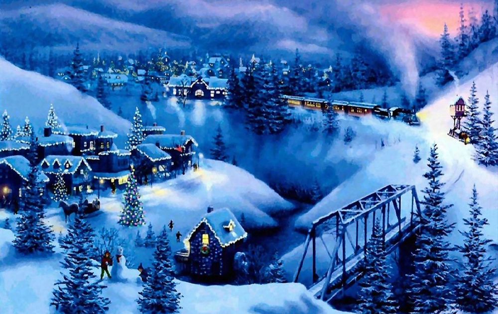Обои для рабочего стола Поезд едет по деревне в горах в Рождество