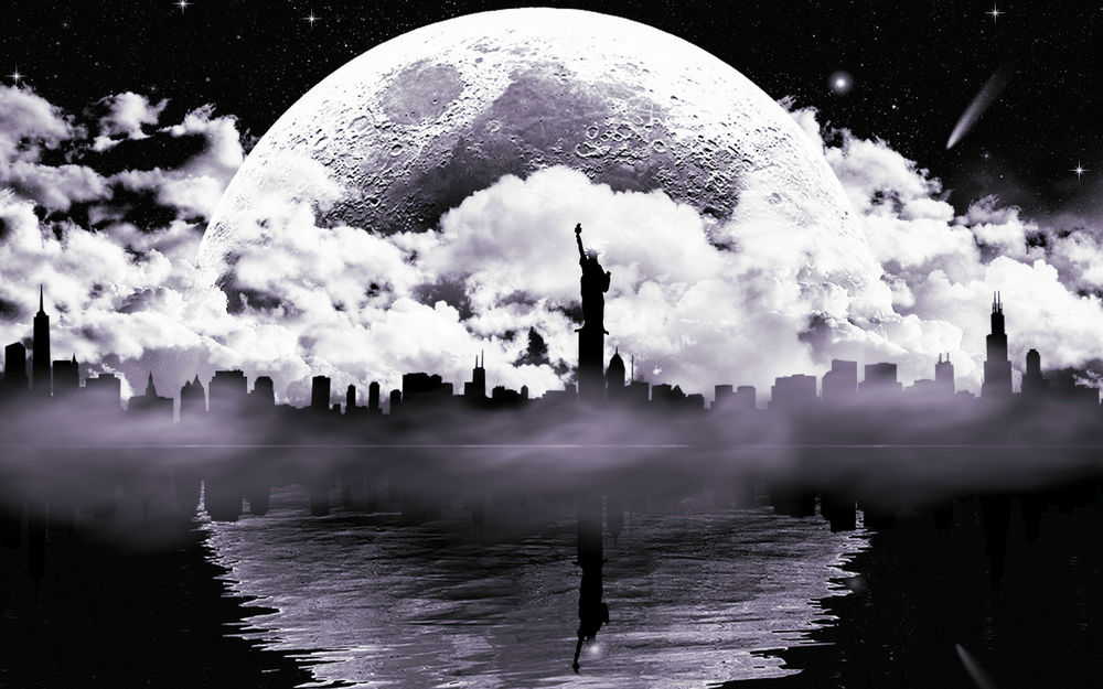 Обои для рабочего стола Упавшая Луна на фоне Америки и Статуи свободы отражается в Гудзоне