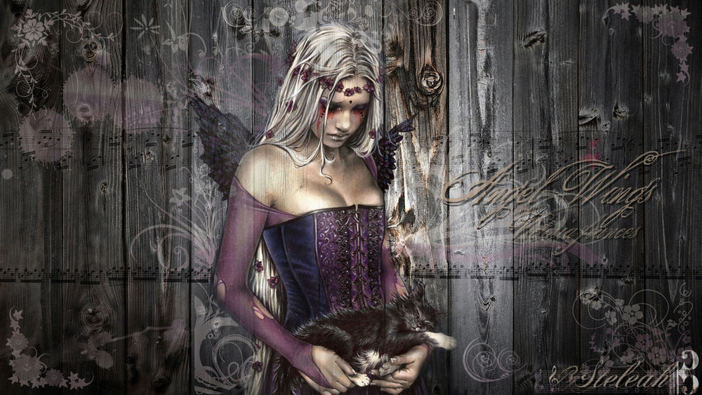 Обои для рабочего стола Девушка ангел с котиком. Victoria Frances art