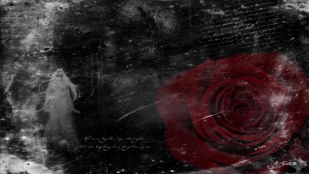 Обои для рабочего стола Красная роза и девушка-приведение во мраке