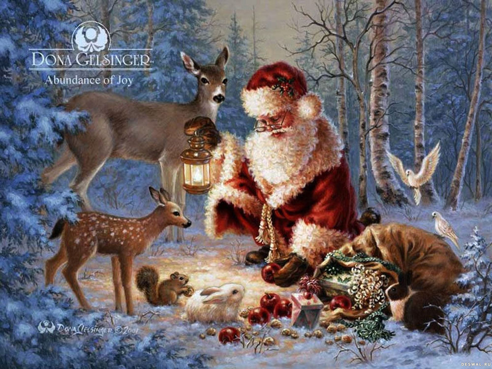 Обои для рабочего стола Санта Клаус с оленями разбирает подарки в лесу