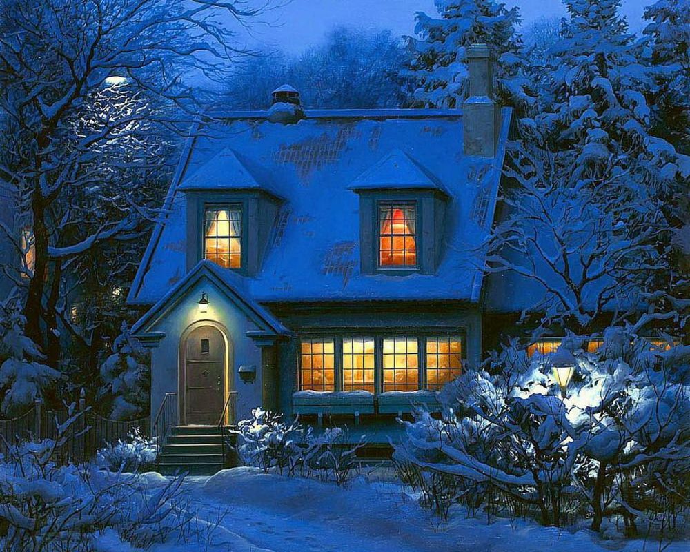 Обои Дом в снегу вечером зимой среди деревьев на рабочий стол