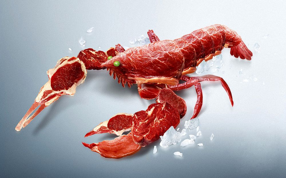 Обои для рабочего стола Большой красный рак с мяса, с глазками из зеленого горошка, с кусочками льда вокруг