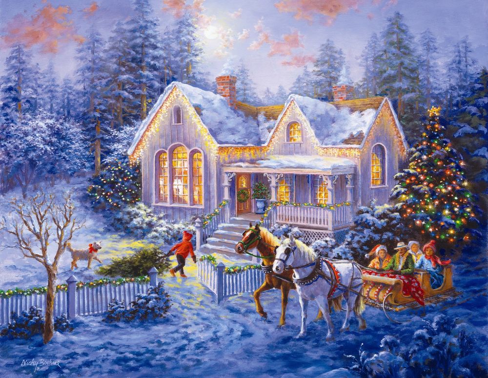 Обои для рабочего стола Лошади привезли людей в дом на Рождество, возле которого наряжена елка и гуляет мальчик с собакой