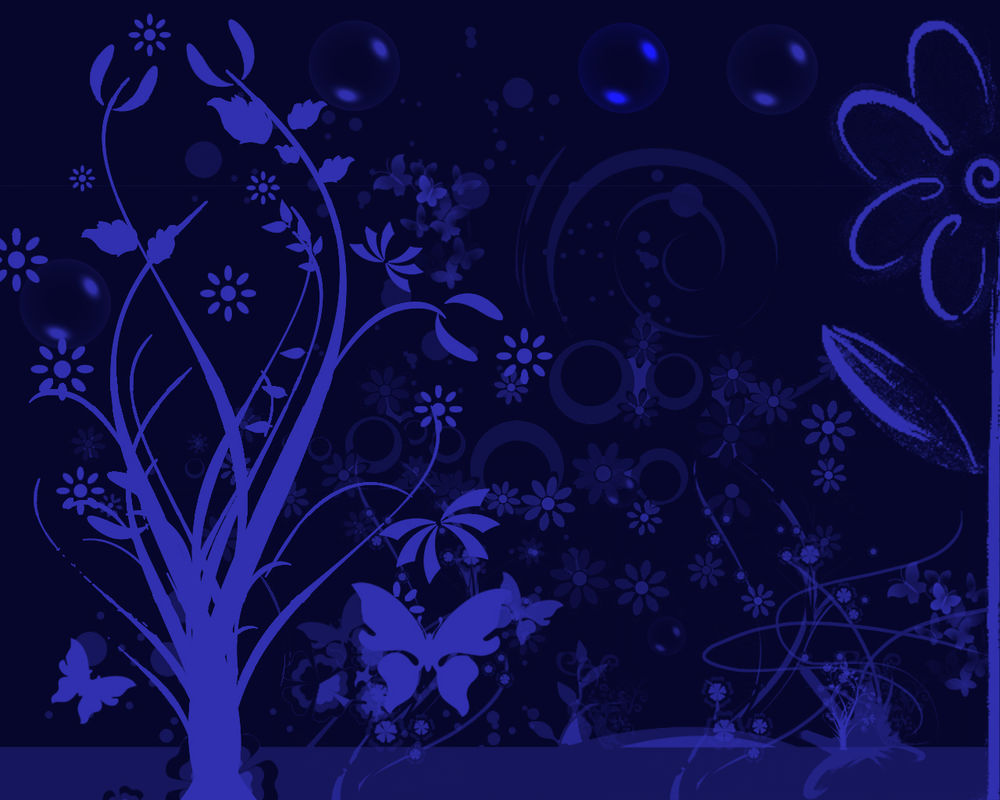 Обои для рабочего стола Синий рисунок с деревом, бабочками и цветами