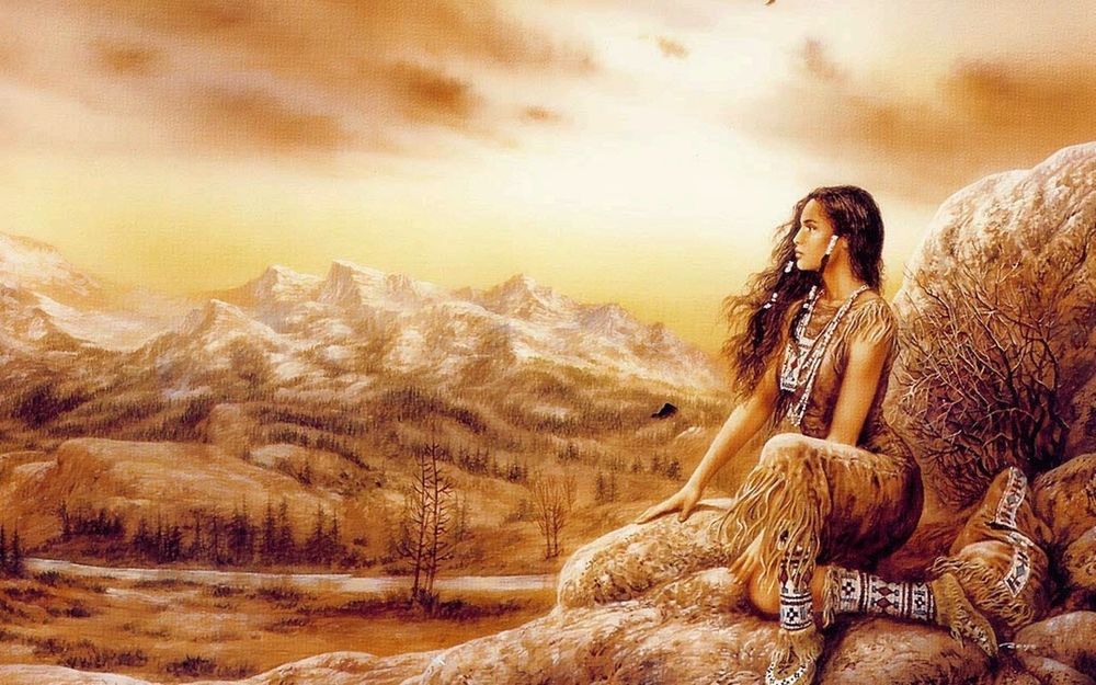 Обои для рабочего стола Девушка на камнях на фоне гор by Luis Royo