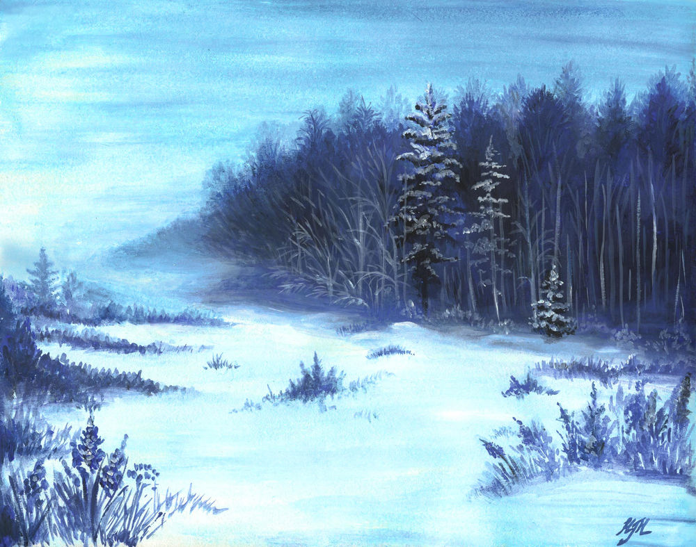 Обои для рабочего стола Картина с опушкой леса, покрытой снегом зимой