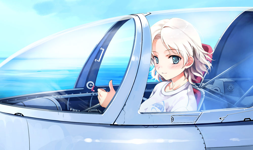 Обои для рабочего стола Мария Ханами / Hanami Mariya из визуальной новеллы Suiheisen made Nan Mile? Deep Blue Sky & Pure White Wings сидит в самолете и готова к взлету