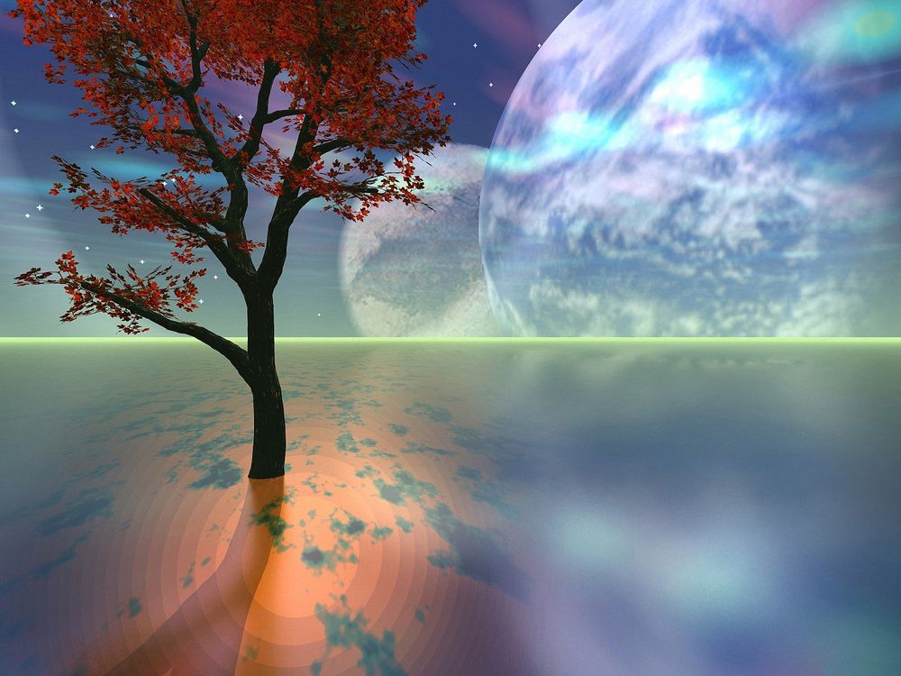 Обои для рабочего стола Дерево с красными листьями растет в воде, на фоне неба с голубыми планетами