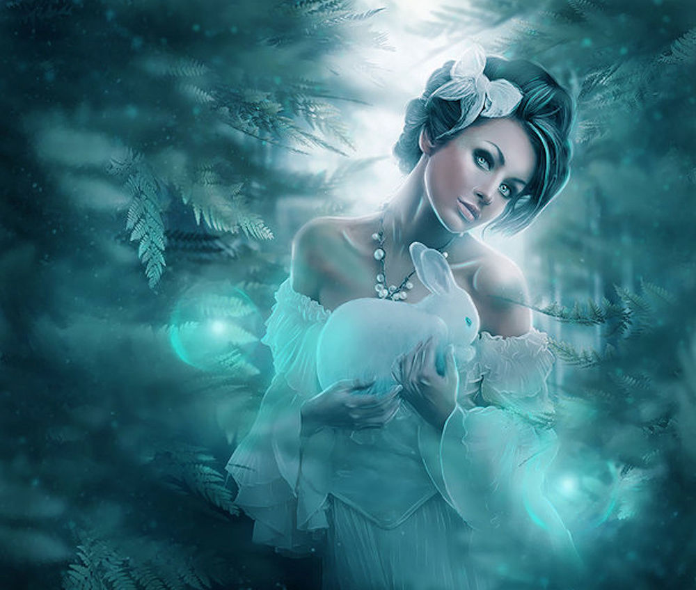 Обои для рабочего стола Девушка держит в руках зайца на фоне веток и лунного света, снежинок