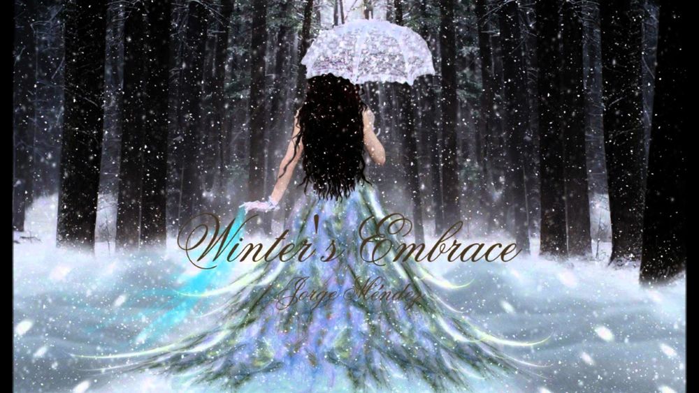 Обои для рабочего стола Девушка с белым зонтиком в лесу под снегом (Winter Embrace)