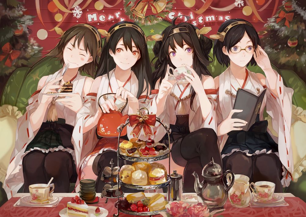 Обои для рабочего стола Четыре девушки в кимоно отмечают Рождество за столом под елкой из игры Kantai Collection / Флотская Коллекция, Merry Christmas