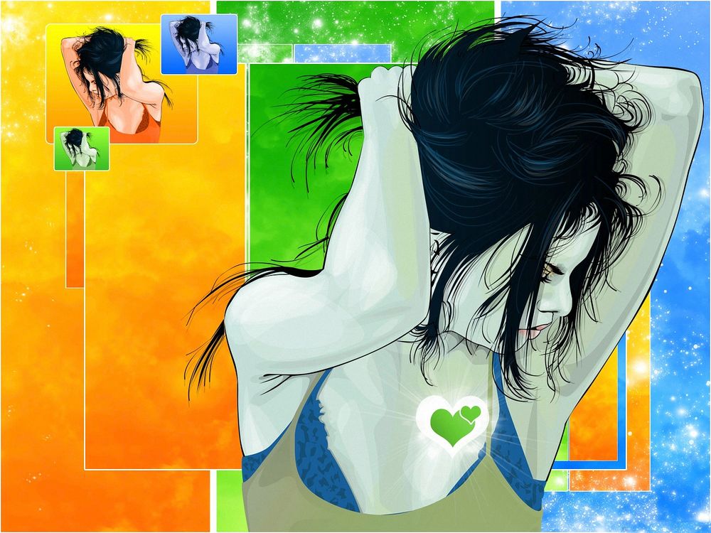 Обои для рабочего стола Девушка с зелеными сердечками на груди на фоне серии картинок с собственным изображением разных цветов