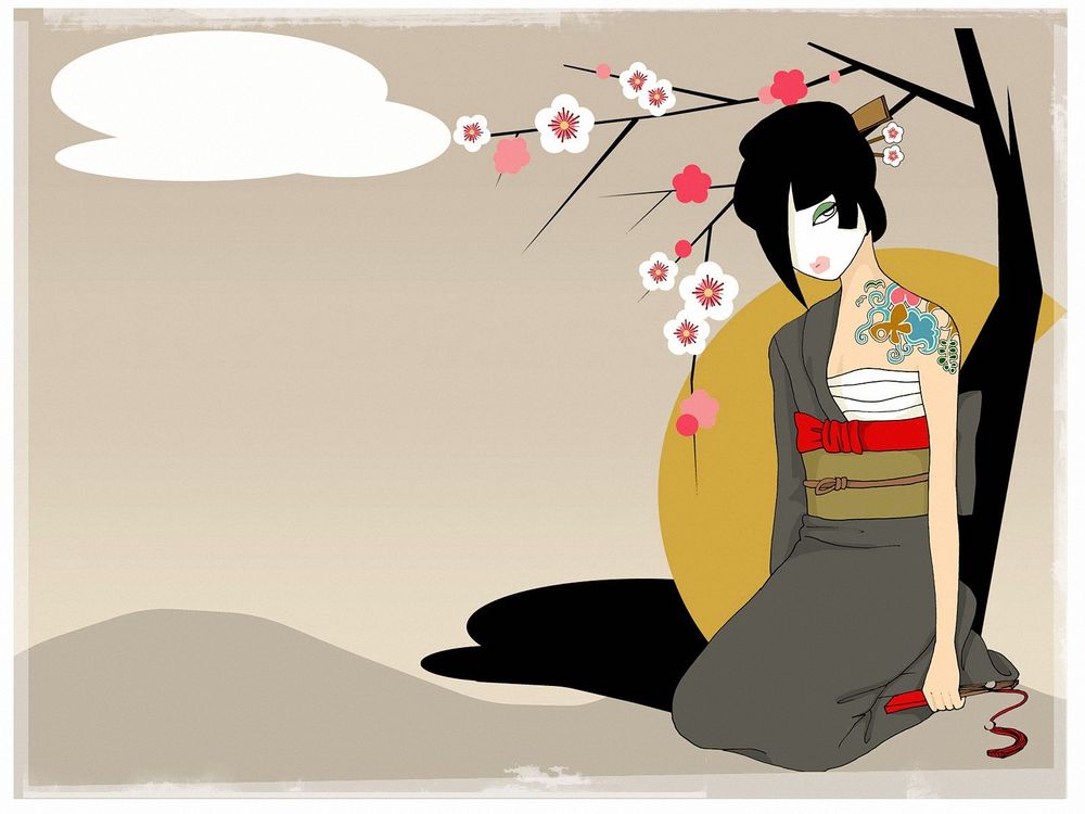 Обои для рабочего стола Девушка японка с цветным тату на плече, с веером в руке, сидит под цветущей сакурой