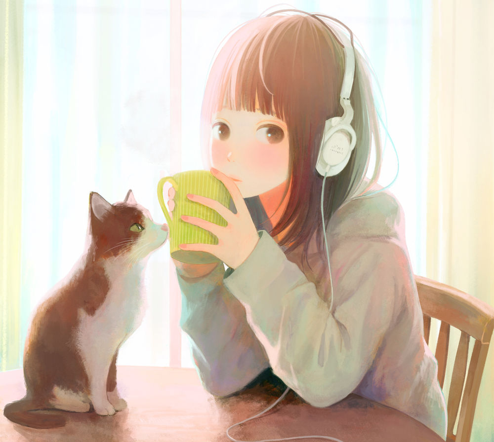 Обои для рабочего стола Девушка в наушниках пьет чай, сидя за столом, на котором сидит кошка, by &;&;&;&;&;