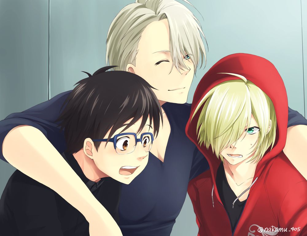 Обои для рабочего стола Фигуристы Yuri Plisetsky, Katsuki Yuri и Victor Nikiforof из аниме Юрий на льду! / Yuri on Ice!