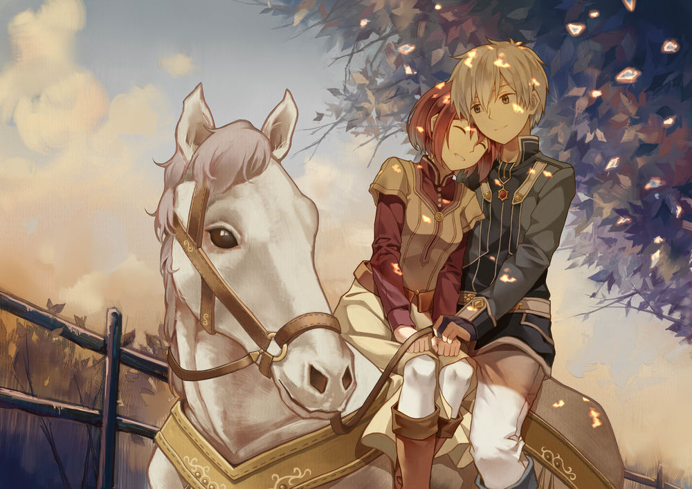Обои для рабочего стола Shirayuki и принц Zen Wistaria едут на белой лошади из аниме Красноволосая Белоснежка / Akagami no Shirayuk-ihime