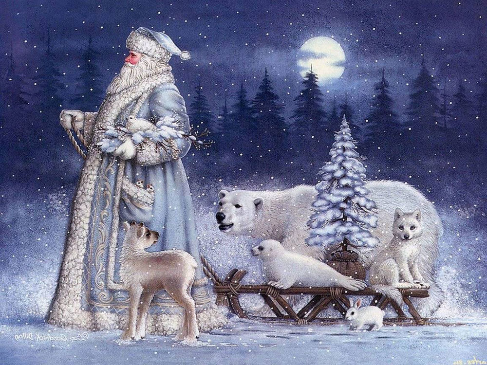 Обои для рабочего стола На фоне зимнего ночного леса Дед Мороз везет санки с елкой, рядом с которой сидит волчонок, тюлень, идет белый медведь, сидит зайчик, на руке держит птицу