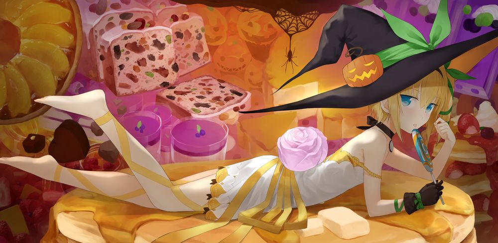 Обои для рабочего стола Edna / Эдна с леденцом лежит среди сладостей из аниме Сказания Зестирии / Tales of Zestiria: The X