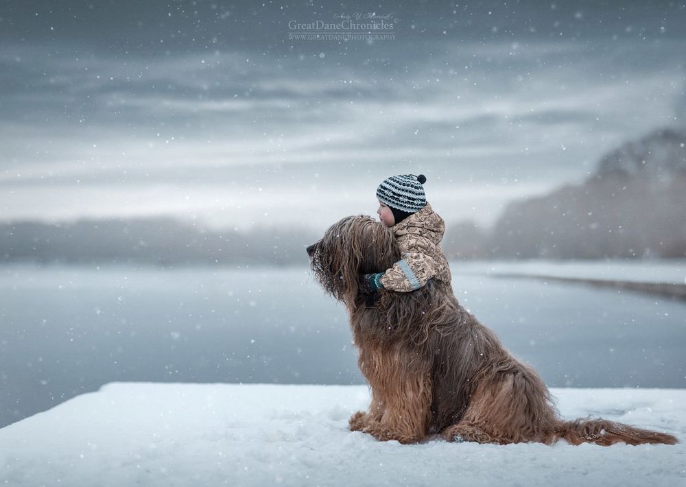 Обои для рабочего стола Маленький мальчик стоит обняв собаку на фоне зимнего пейзажа