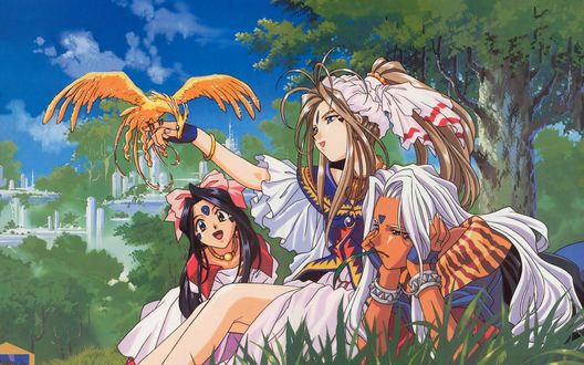 Обои на рабочий стол Скульд / Skuld, Верданди / Беллданди / Verdandi / Belldandy и Урд / Urd, богини / норны из аниме и манги Моя Богиня! / Ах! Богиня! / Aa! Megami-sama! / Oh My Goddess! отдыхают в кроне Иггдрасиля / Yggdrasil с фениксом на руке
