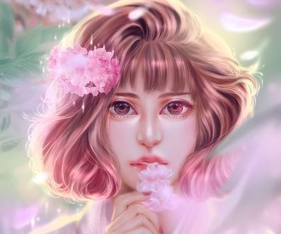 Обои на рабочий стол Портрет девушки с цветами в волосах и руке, by bink tran
