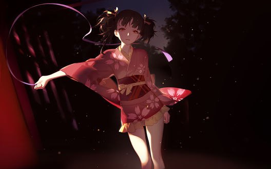Обои на рабочий стол Мумэй / Мумей / Mumei из аниме Кабанэри с Бронекрепости / Kabaneri of the Iron Fortress / Koutetsujou no Kabaneri в красивой юкате и с ленточкой в руке