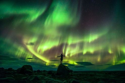 Обои на рабочий стол Девушка стоит на фоне северного сияния, фотограф Lizzy Gadd