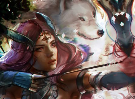 Обои на рабочий стол Лучница и белый волк из игры Guild Wars