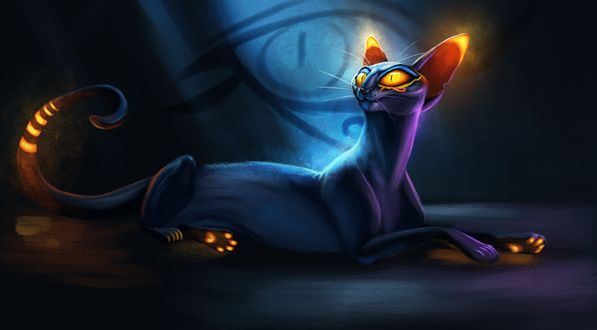 Обои на рабочий стол Черная кошка-сфинкс со светящимися ушками, лапами и хвостом, лежит в храме, на стене которого нарисован глаз, by TehChan