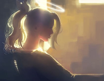 Обои на рабочий стол Девушка с нимбом над головой сидит в комнате, by huang dong