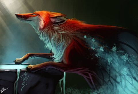Обои на рабочий стол Рыжий лис превращается в бабочек, by Tehchan