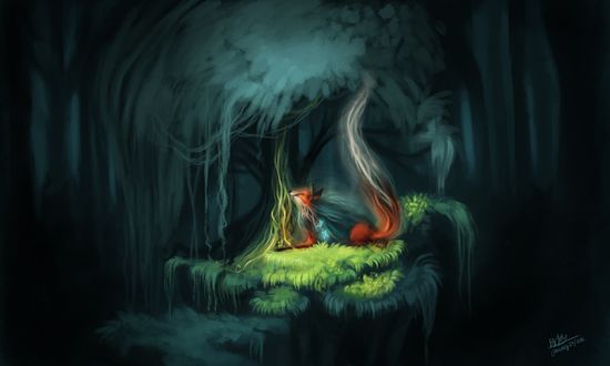 Обои на рабочий стол Лиса-лесной дух, лежит под деревом, by TehChan