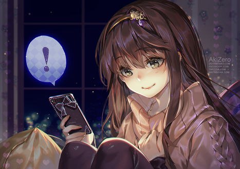 Обои на рабочий стол Ive just got your message / Я только что получила Ваше послание, девушка с телефоном в руке, by AkiZero1510