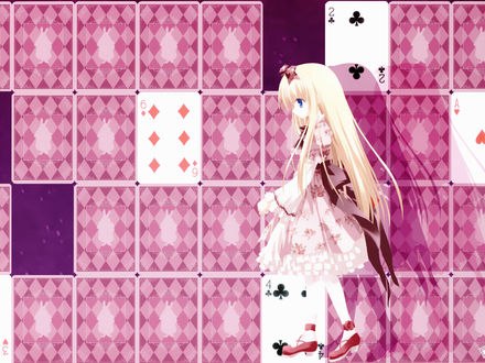 Обои на рабочий стол Алиса / Alice на фоне игральных карт из сказки Alice in Wonderland / Алиса в стране Чудес