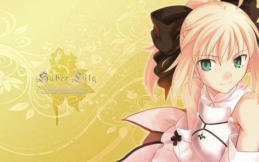 Обои на рабочий стол Сэйбер Лили / Сейбер Лилия / Saber Lily, персонаж компьютерных игр Fate / unlimited codes и Fate / Grand Order улыбается на фоне узоров