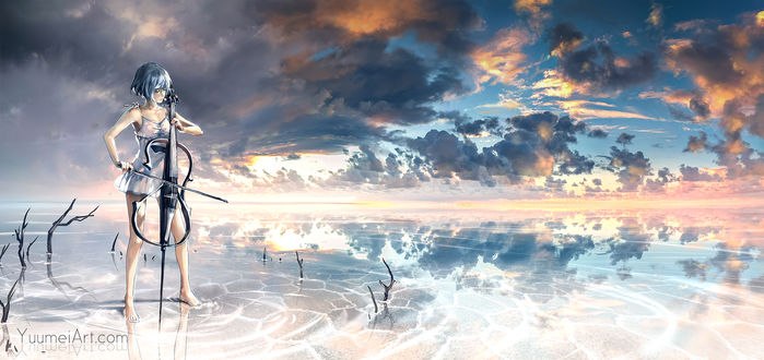 Обои на рабочий стол Девушка играет на виолончели, by yuumei